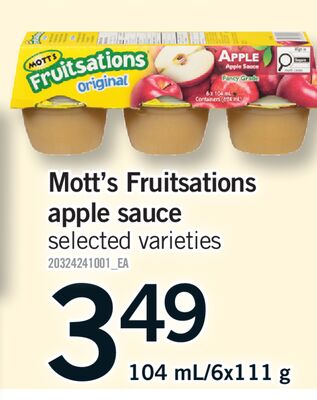 MOTT'S FRUITSATIONS APPLE SAUCE, 104 mL/6x111 g