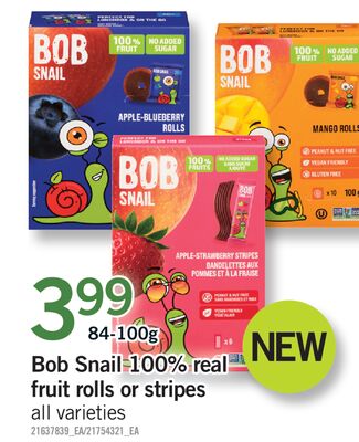 BOB SNAIL 100% REAL FRUIT ROLLS OR STRIPES, 84-100G