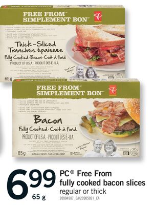 PC FREE FROM FULLY COOKED BACON SLICES, 65 g