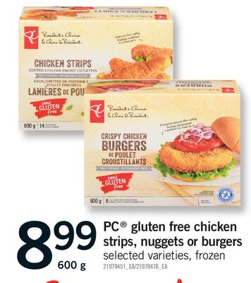 PC GLUTEN FREE CHICKEN STRIPS, NUGGETS OR BURGERS, 600 G