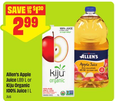 Allen's Apple Juice 1.89 L or Kiju Organic 100% Juice 1 L