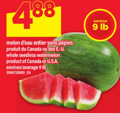 MELON D'EAU ENTIER SANS PÉPINS | WHOLE SEEDLESS WATERMELON, ENVIRON/AVERAGE 9 LB