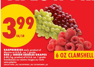 RASPBERRIES, 6 OZ CLAMSHELL RED OR GREEN SEEDLESS GRAPES