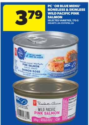 PC OR BLUE MENU BONELESS & SKINLESS WILD PACIFIC PINK SALMON, 170 G