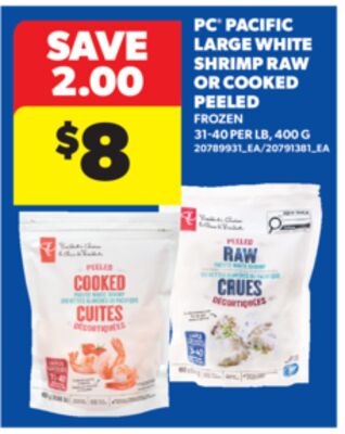 PC PACIFIC LARGE WHITE SHRIMP RAW OR COOKED PEELED, 400 G