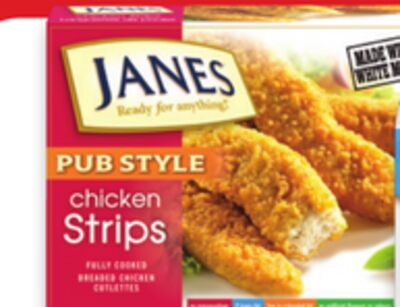 Janes breading popcorn chicken or fish, chicken or fish nuggets, strips or burgers